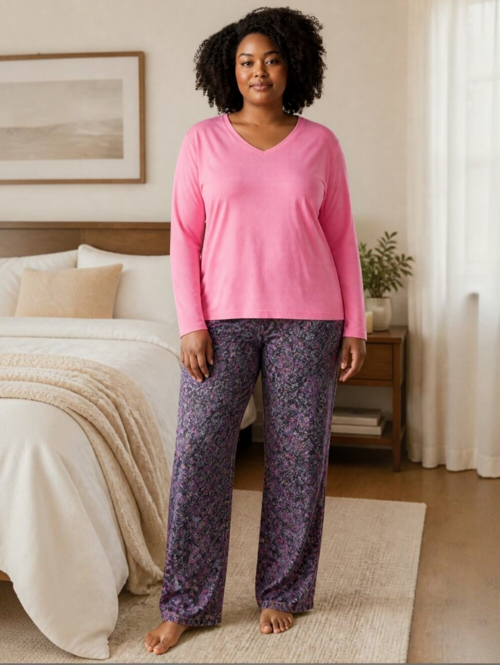 Elen Tracy Pink And Paisley 2pc Pajama Set Long Sleeve Top XL Soft And Silky